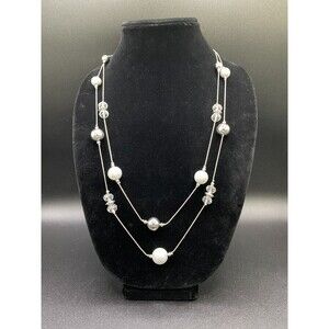 Silver Tone and Crystal Bead  Double Strand Necklace